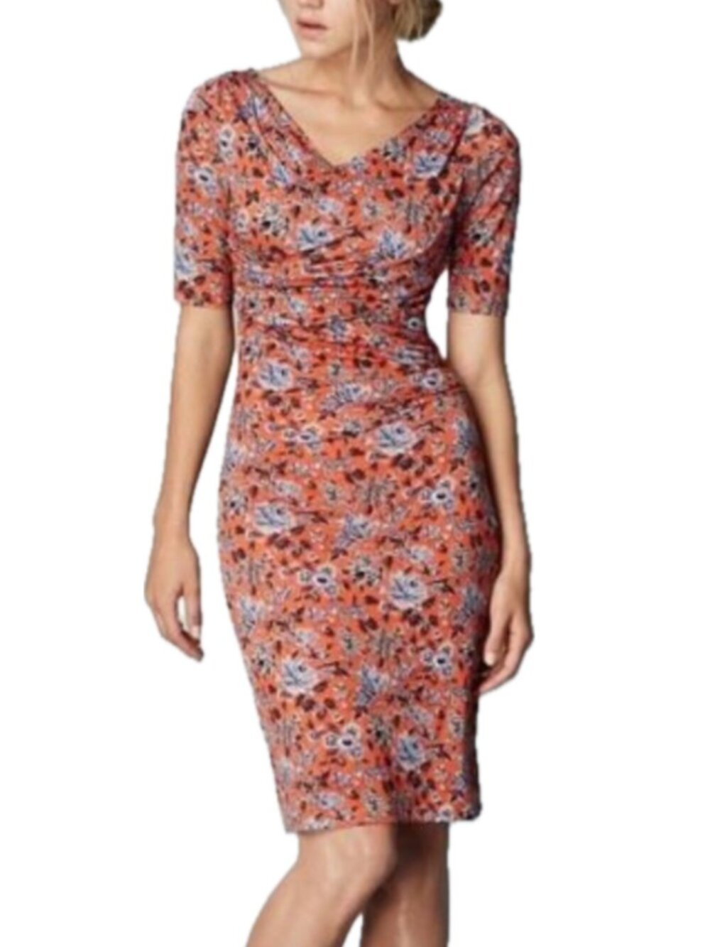 Boden | Orange Floral Rita Ruched Jersey Sheath Dress | Size 4P